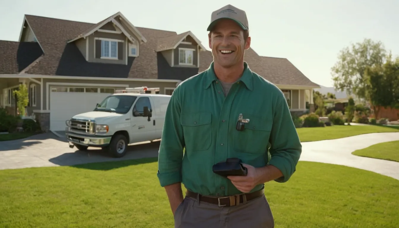 A friendly septic service provider speaking with a homeowner beside a pumping truck in Woodbury