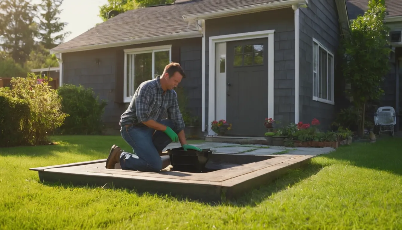 Provider inspecting an open septic tank lid in a residential yard near Woodbury