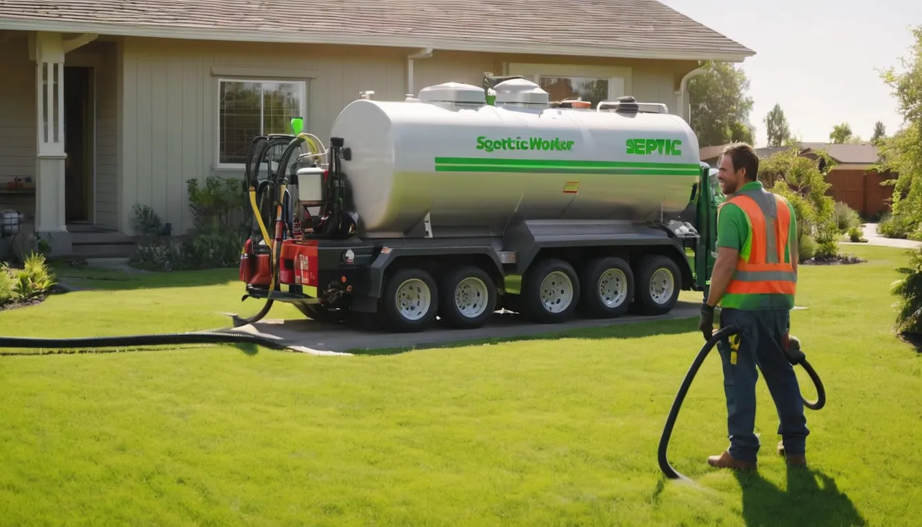 Septic service provider pumping a residential septic tank beside a house in Woodbury